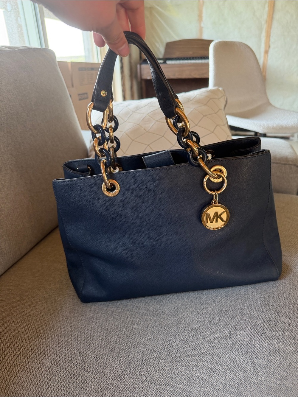 Michael Kors Cynthia Navy Leather Satchel